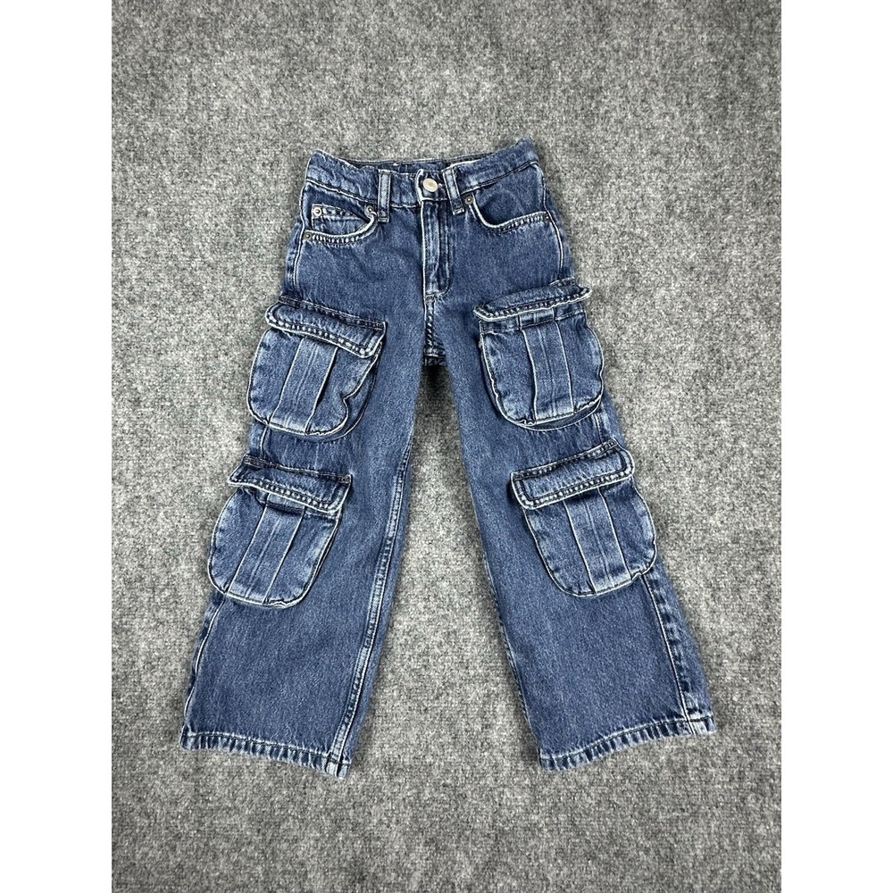 Zara Kids Blue Denim Multi-Pocket Cargo Jeans Size 6 Streetwear Y2K